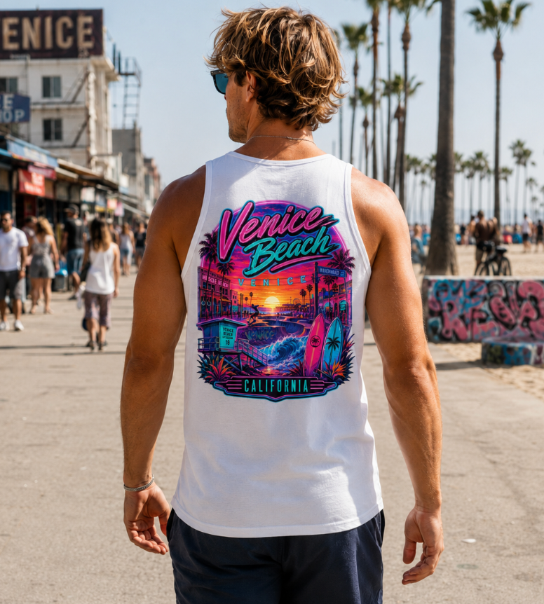 Venice Beach California  | Neon Boardwalk & Surf Graphic T-Shirt or Tank Top