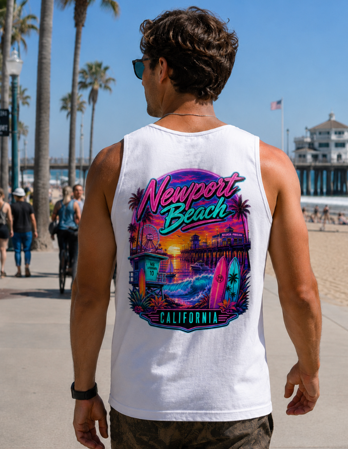 Newport Beach California  | Neon Pier & Surf Graphic T-Shirt or Tank Top
