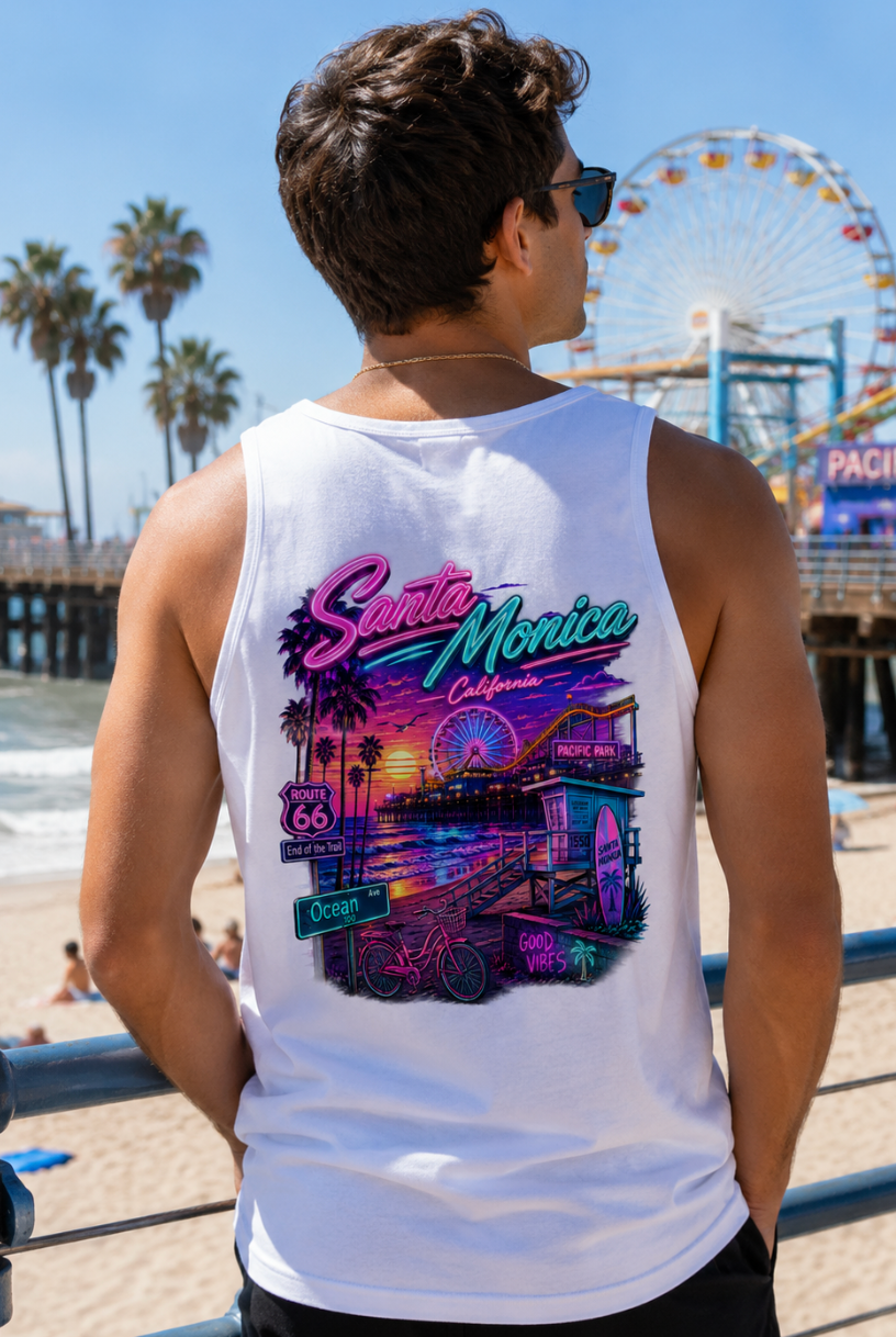Santa Monica California | Neon Pier & Beach Graphic T-Shirt or Tank Top
