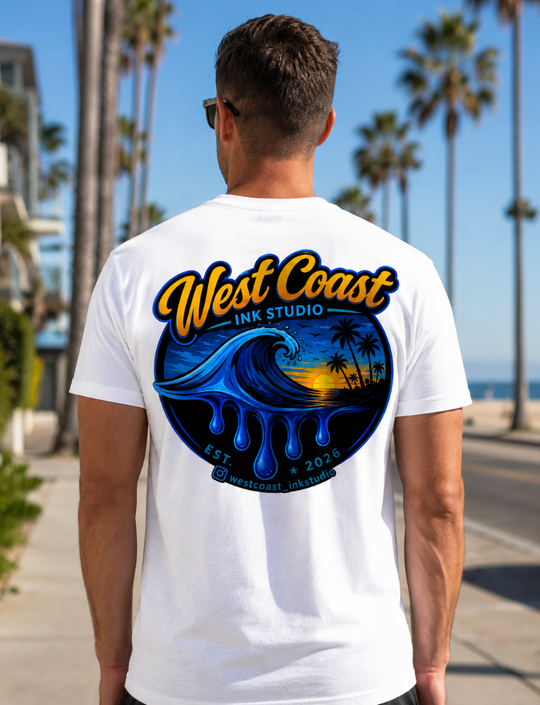 West Coast Ink Studio Classic Blue Wave Sunset Logo T-Shirt or Tank Top