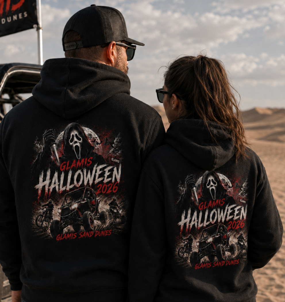 Glamis Masked Halloween 2026 Unisex Black Hoodie – Sand Dunes Off-Road Sweatshirt
