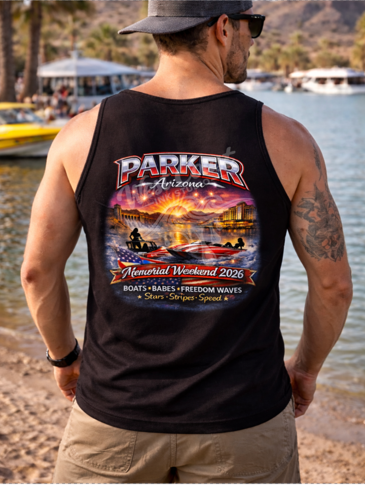 Parker Arizona Memorial Weekend 2026 Tank Top – Patriotic River Boat Graphic