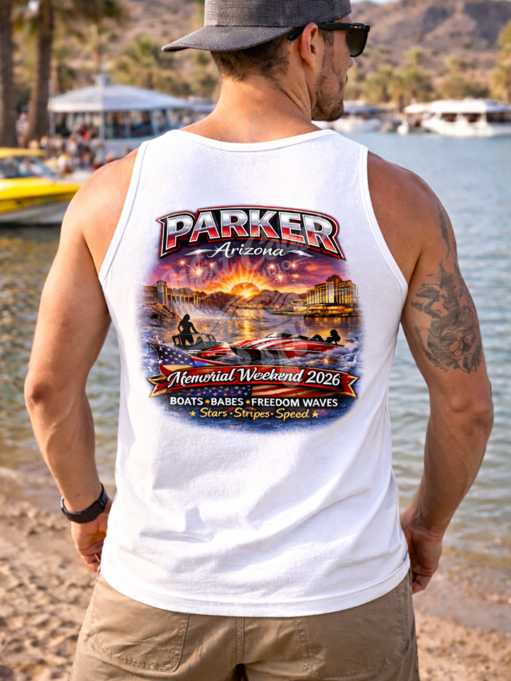 Parker Arizona Memorial Weekend 2026 Tank Top – Patriotic River Boat Graphic