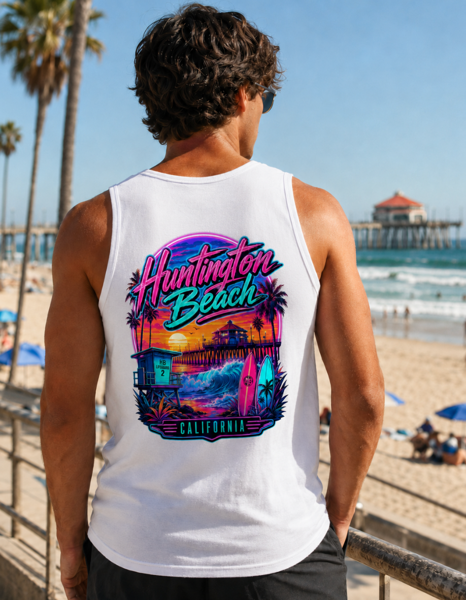 Huntington Beach California | Neon Surf & Pier Graphic T-Shirt or Tank Top