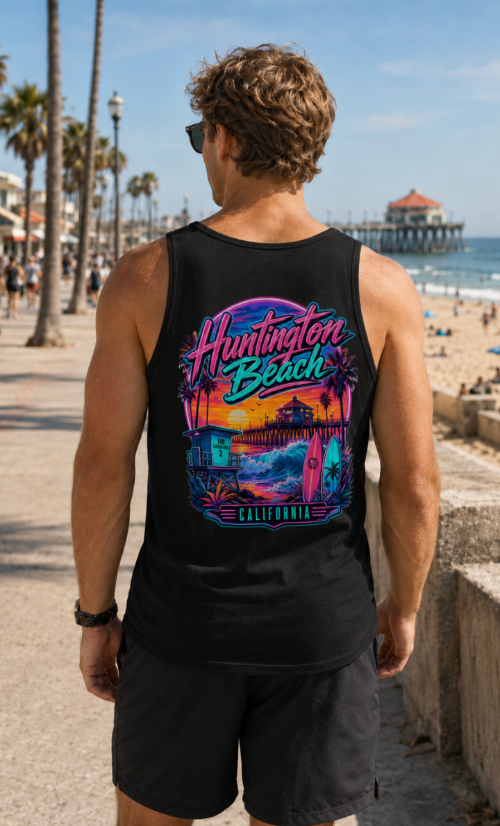 Huntington Beach California | Neon Surf & Pier Graphic T-Shirt or Tank Top