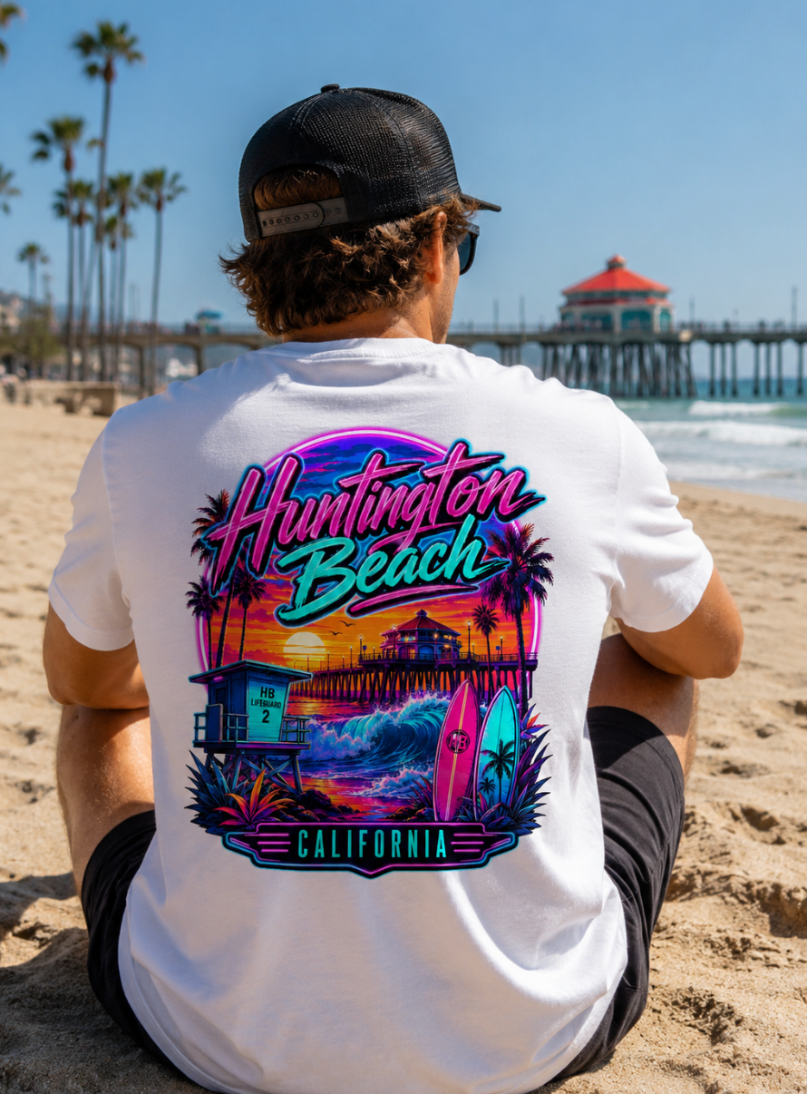 Huntington Beach California | Neon Surf & Pier Graphic T-Shirt or Tank Top