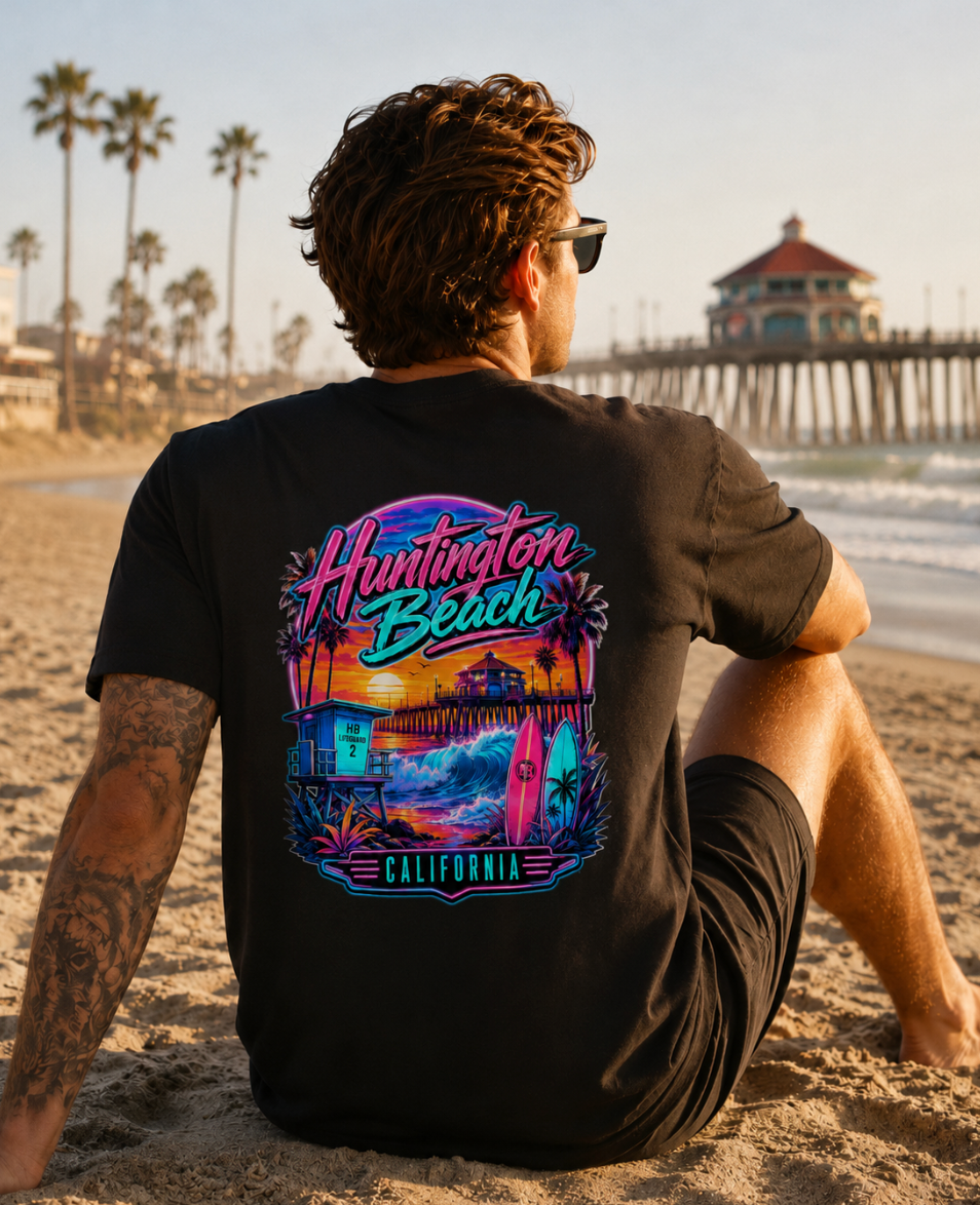 Huntington Beach California | Neon Surf & Pier Graphic T-Shirt or Tank Top