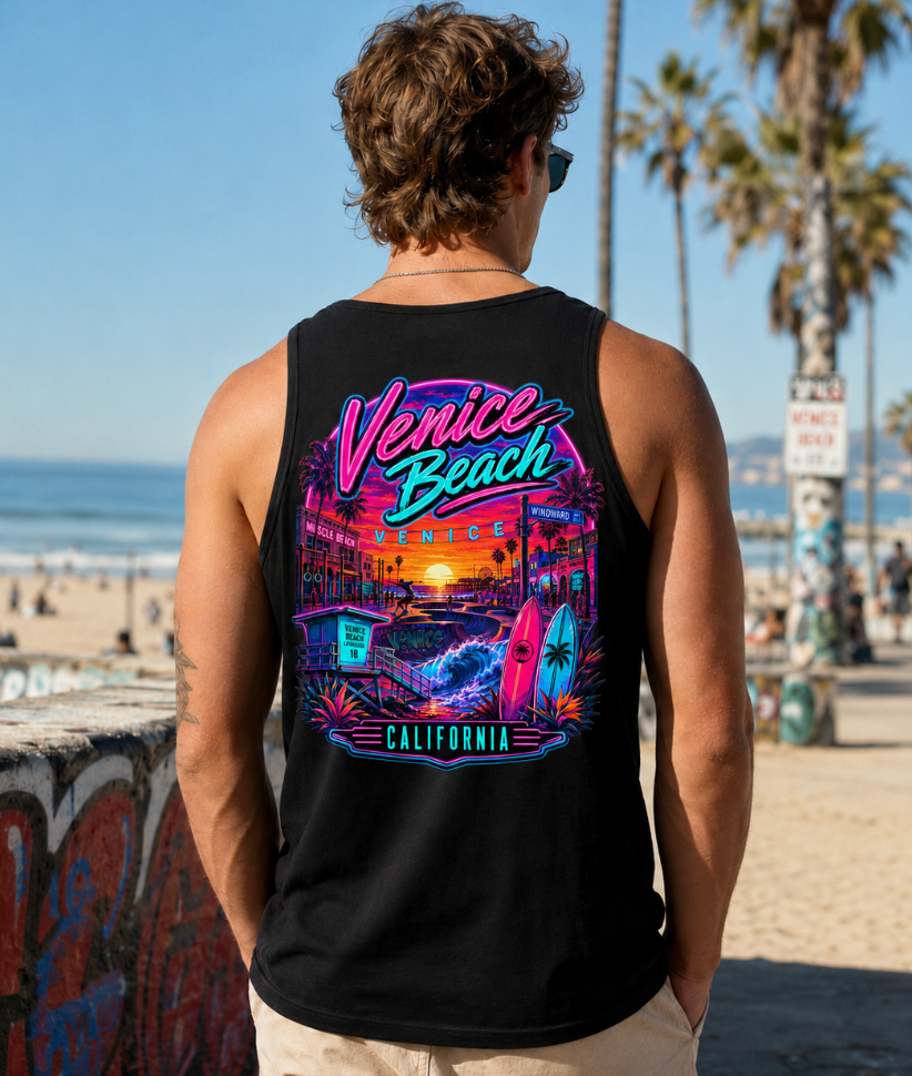 Venice Beach California  | Neon Boardwalk & Surf Graphic T-Shirt or Tank Top
