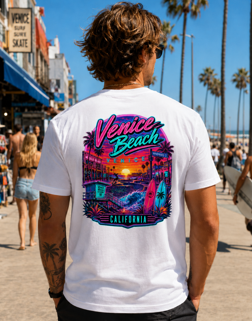 Venice Beach California  | Neon Boardwalk & Surf Graphic T-Shirt or Tank Top