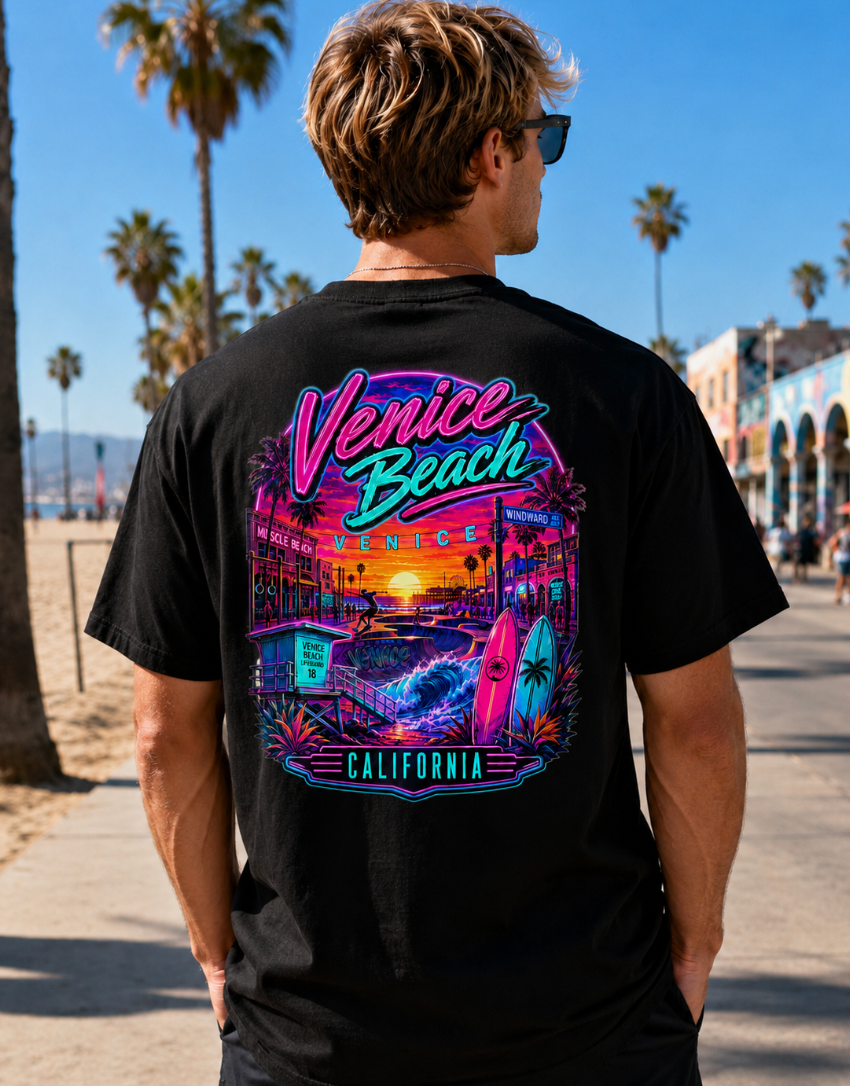 Venice Beach California  | Neon Boardwalk & Surf Graphic T-Shirt or Tank Top