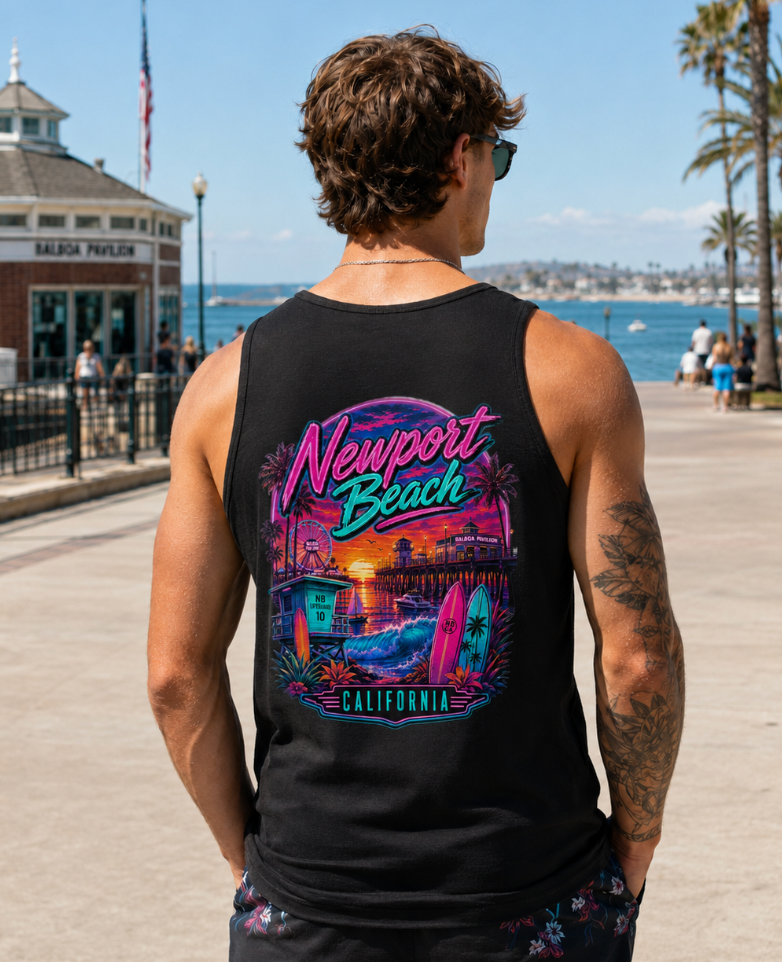 Newport Beach California  | Neon Pier & Surf Graphic T-Shirt or Tank Top