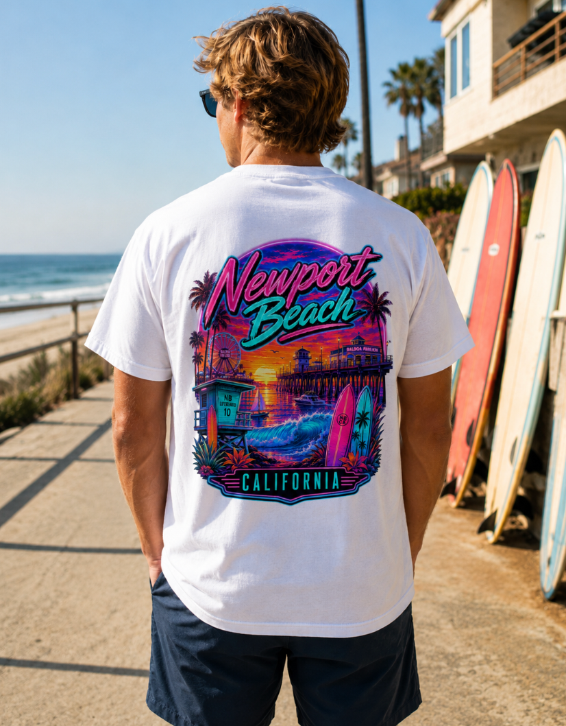 Newport Beach California  | Neon Pier & Surf Graphic T-Shirt or Tank Top