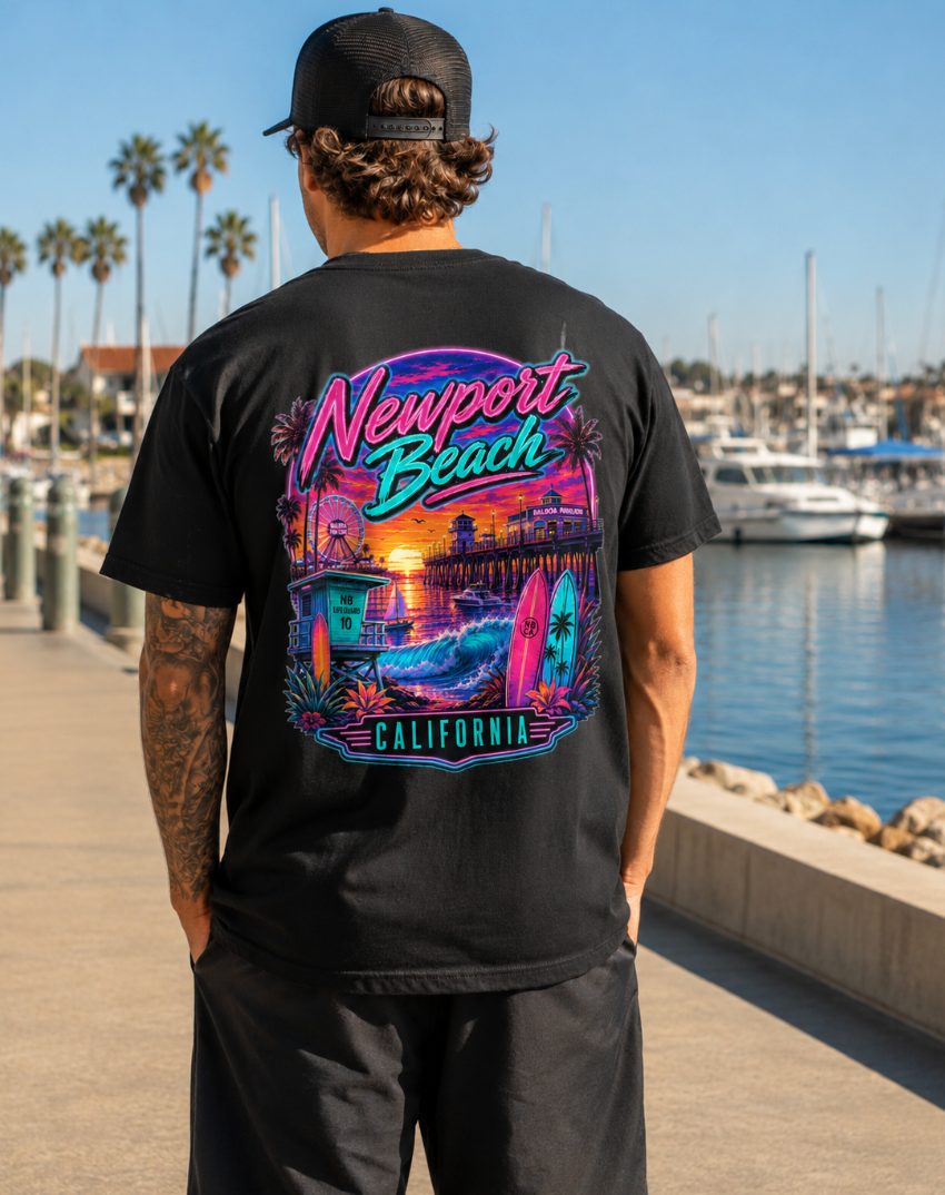 Newport Beach California  | Neon Pier & Surf Graphic T-Shirt or Tank Top