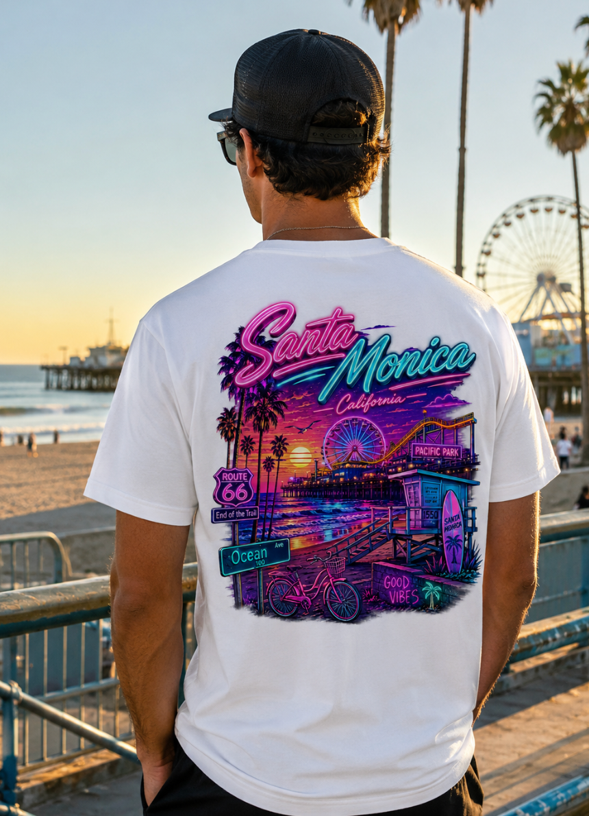 Santa Monica California | Neon Pier & Beach Graphic T-Shirt or Tank Top