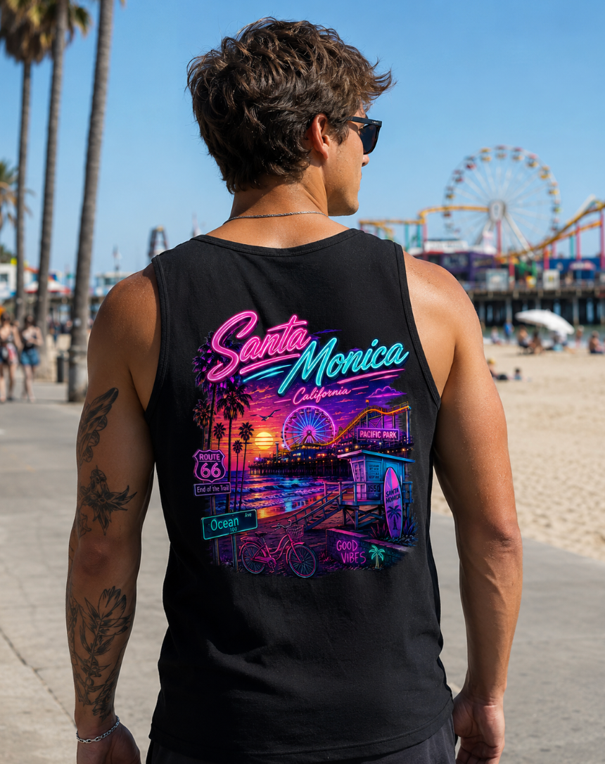 Santa Monica California | Neon Pier & Beach Graphic T-Shirt or Tank Top