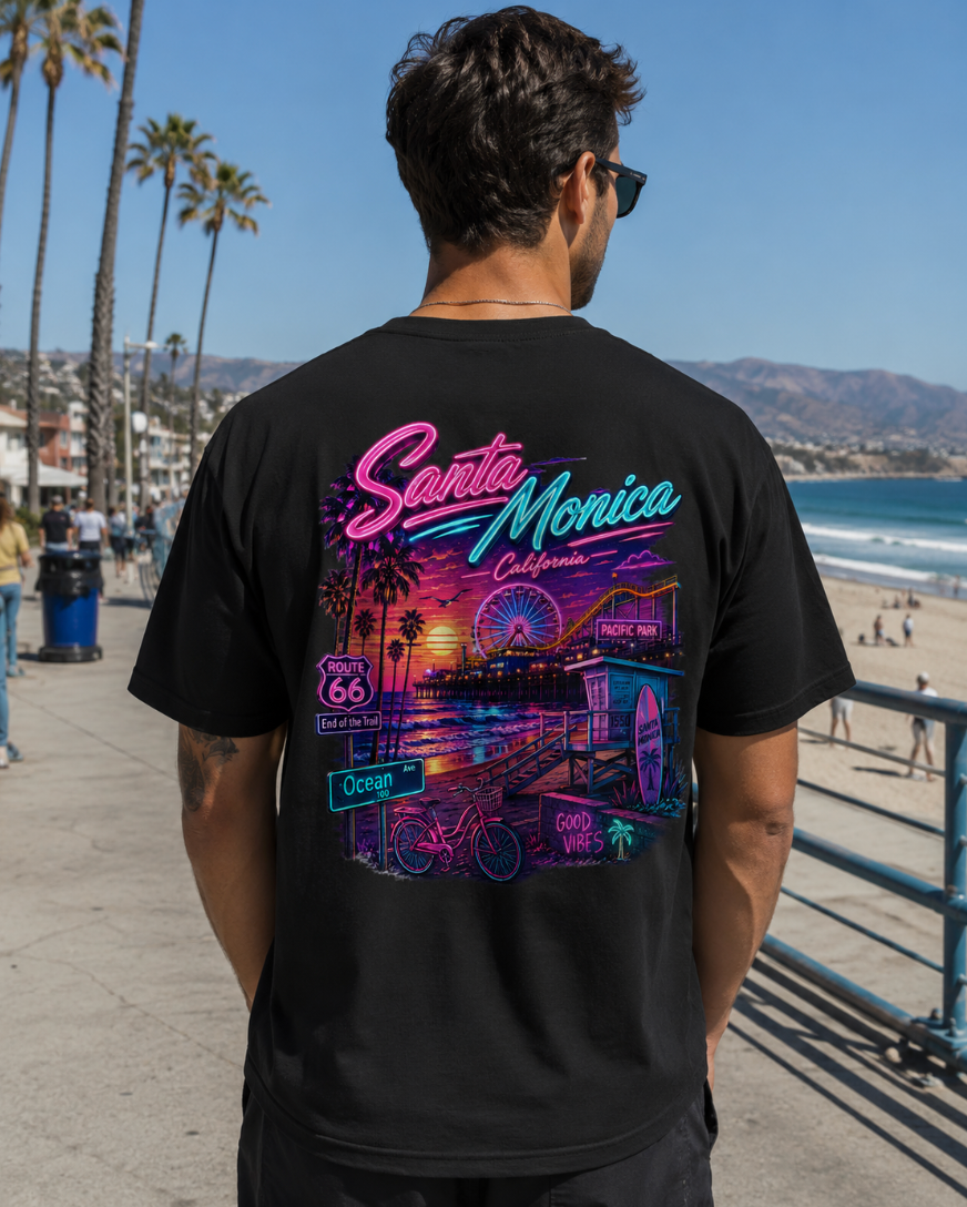 Santa Monica California | Neon Pier & Beach Graphic T-Shirt or Tank Top