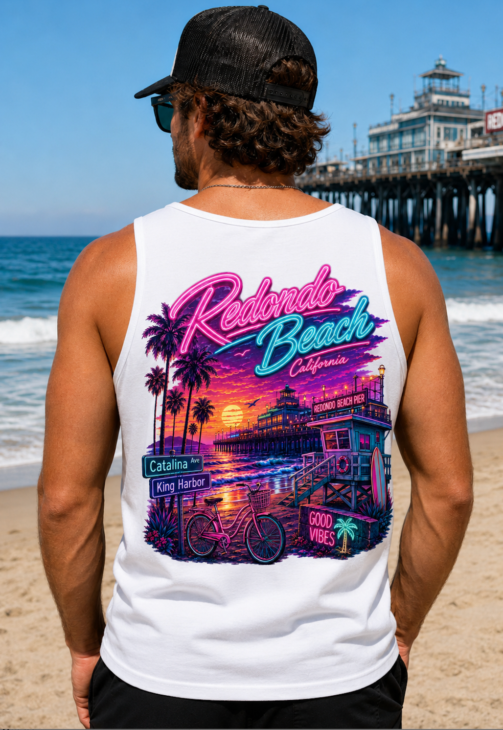 Redondo Beach California Neon Sunset Tank Top or T-Shirt