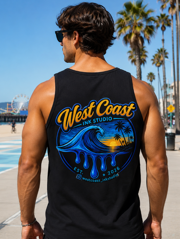 West Coast Ink Studio Classic Blue Wave Sunset Logo T-Shirt or Tank Top