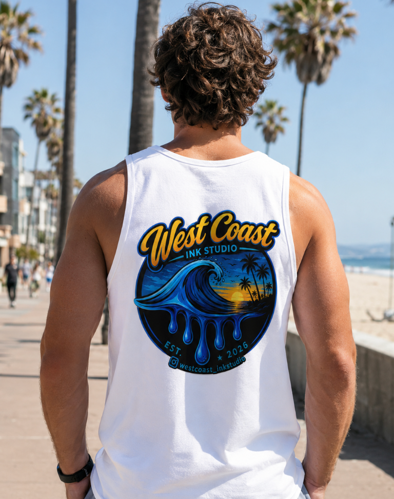 West Coast Ink Studio Classic Blue Wave Sunset Logo T-Shirt or Tank Top