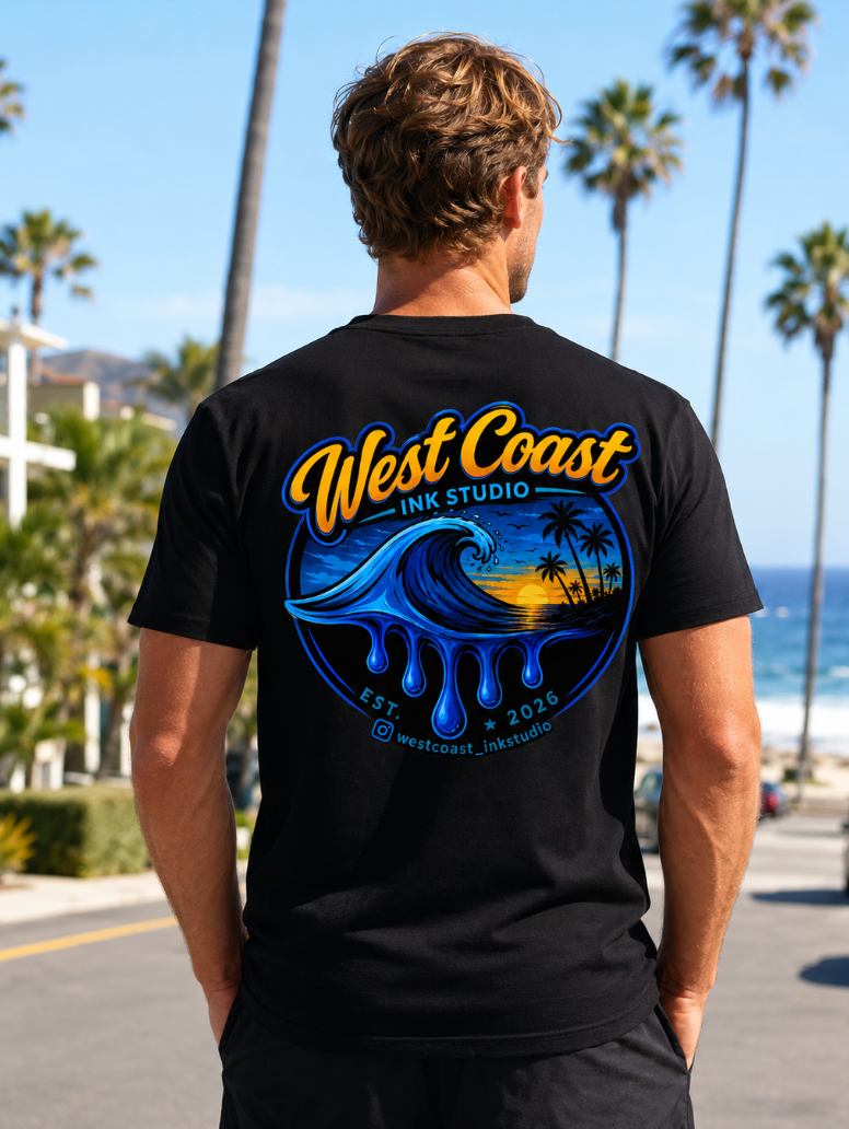 West Coast Ink Studio Classic Blue Wave Sunset Logo T-Shirt or Tank Top